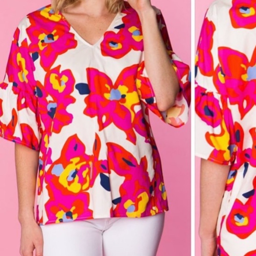 Crosby by Mollie Burch vibrant floral print cotton blouse Size Small